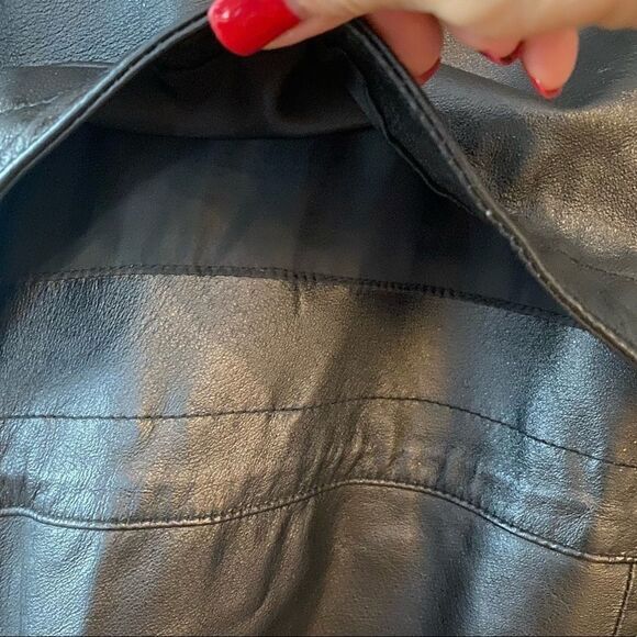 Phase 2 Vintage Black Leather Trench-Coat Shawl Collar Front Pockets Adj Waist - Picture 10 of 11